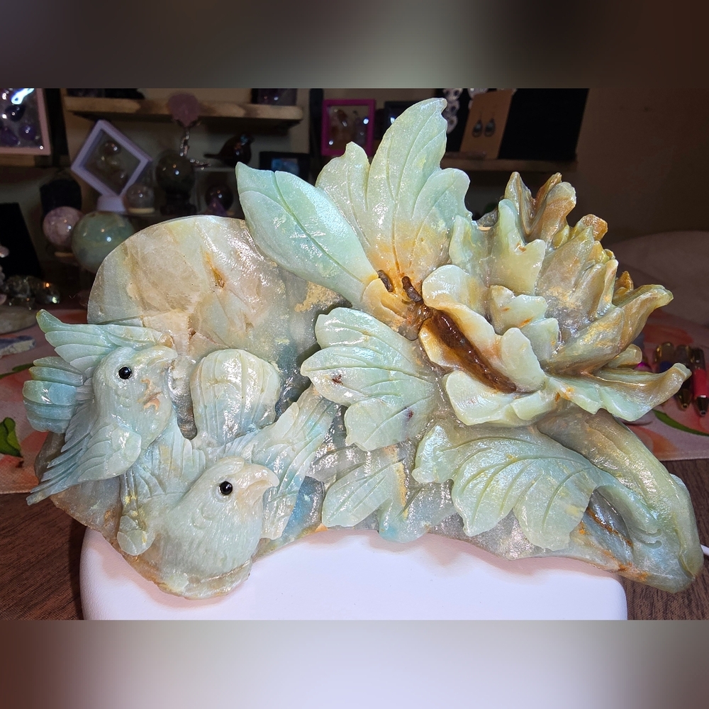 Amazonite Crystal Birds And Flower Carving